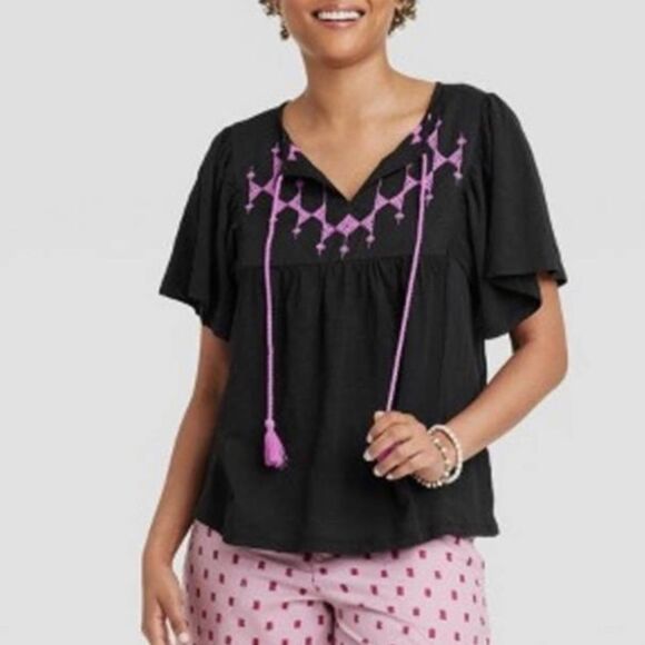 Knox Rose Tops - Size L Women's Flutter Short Sleeve Top Knox Rose